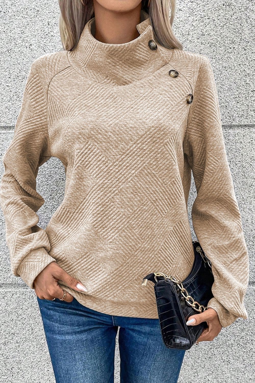 Textured Turtleneck Long Sleeve Sweatshirt.