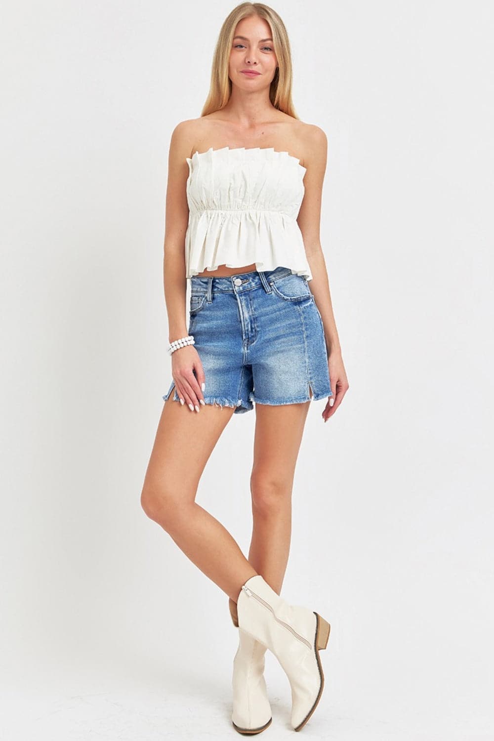 RISEN Front Slit Raw Hem Denim Shorts.