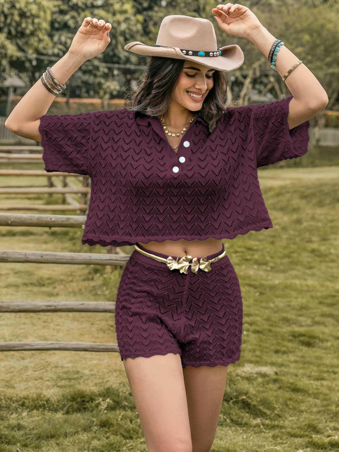 Eyelet Collared Neck Short Sleeve Top and Shorts Set.