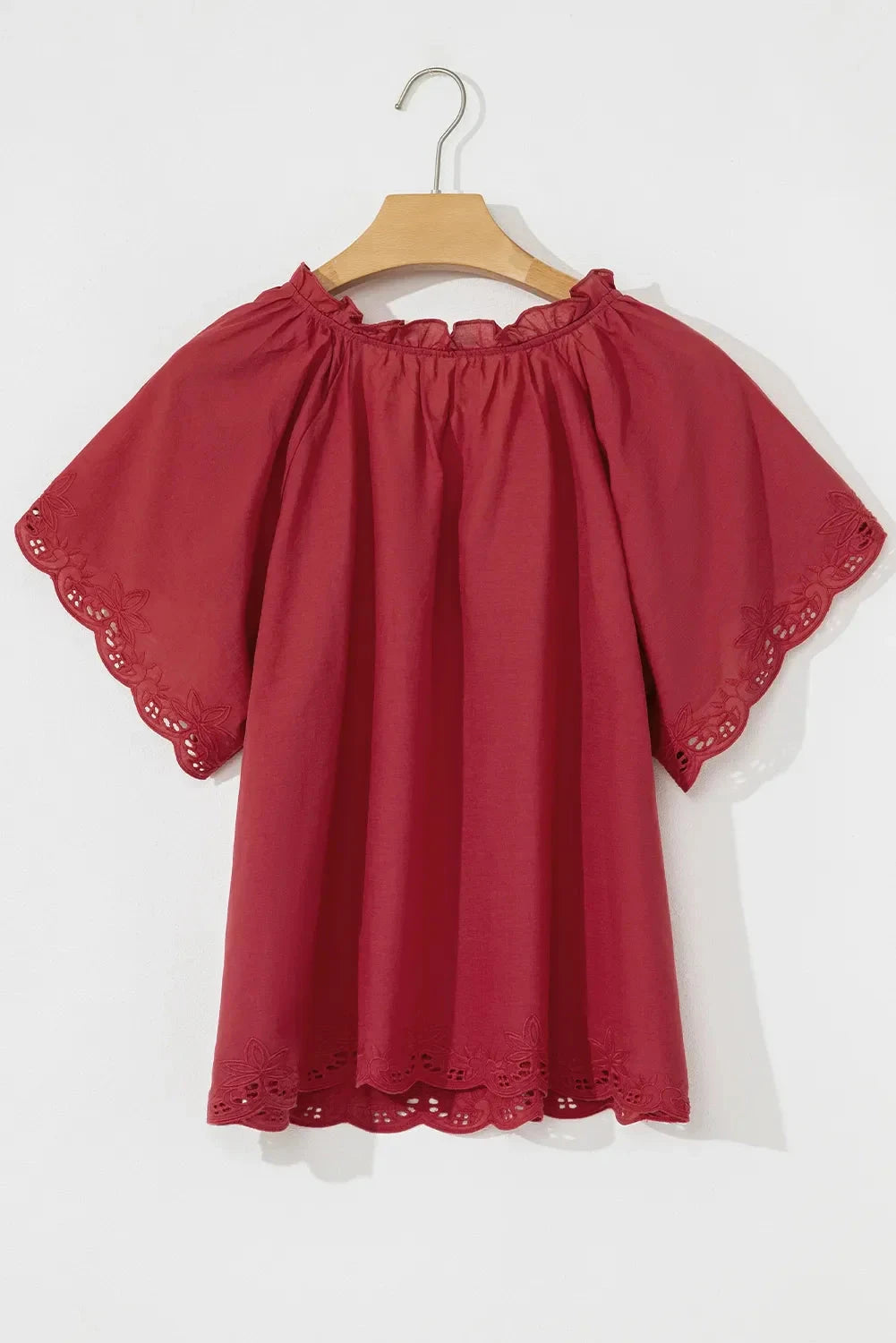 Floral Embroidered Scallop Trim Short Sleeve Notched Blouse Simply Love