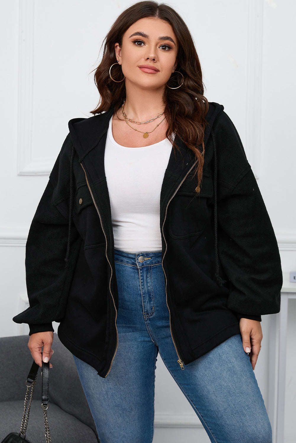 Plus size black hooded jacket