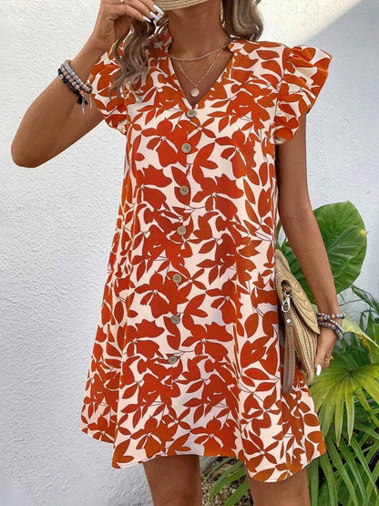 Printed Notched Cap Sleeve Mini Dress.