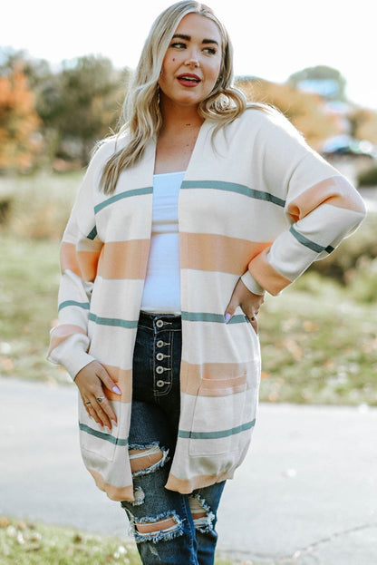 Plus Size Striped Open Front Cardigan.