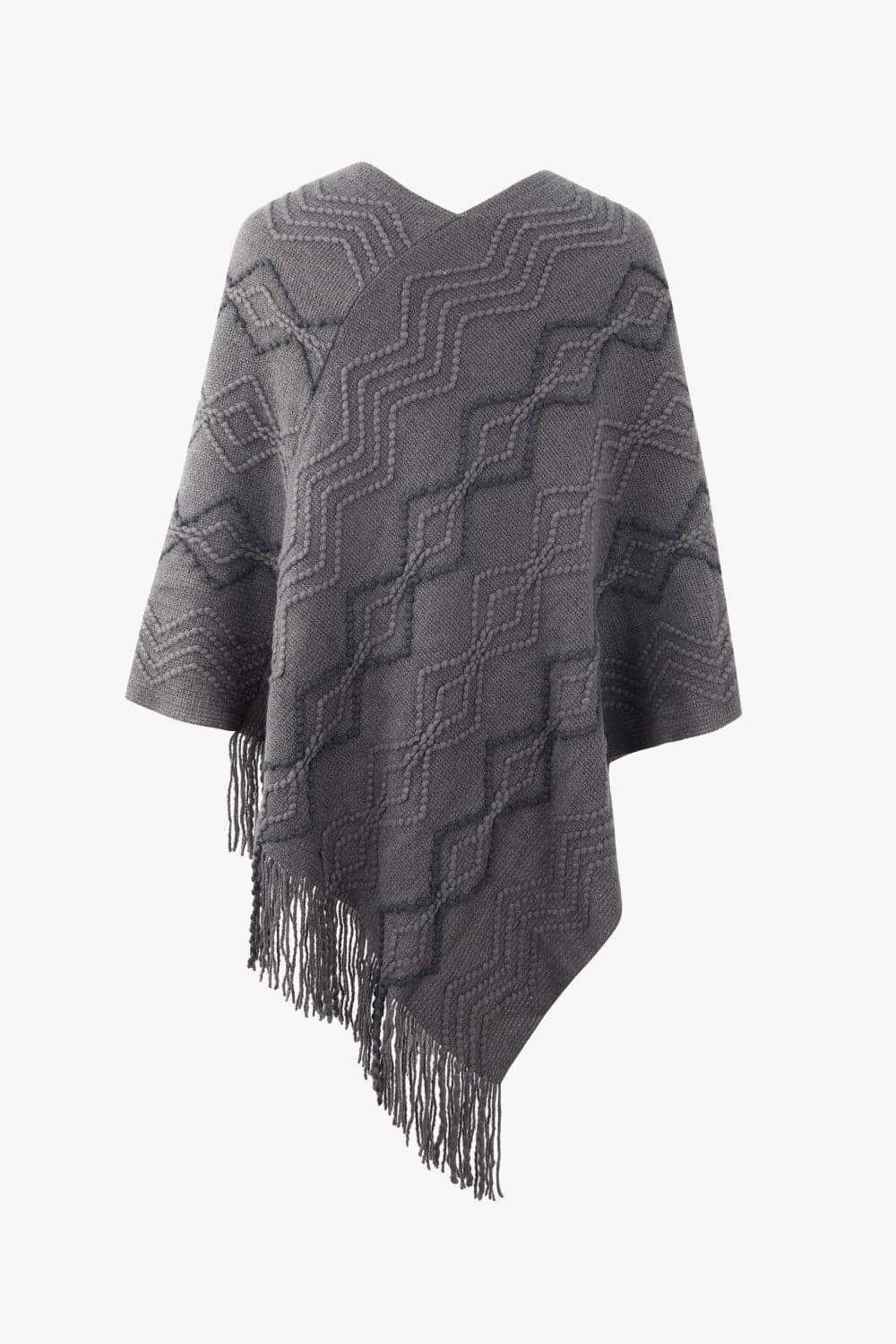 Pearl Trim V-Neck Fringe Hem Poncho.