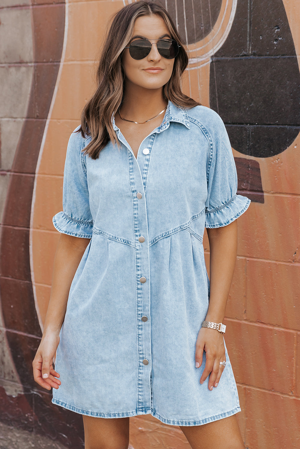 Beau Blue Mineral Wash Ruffled Short Sleeve Denim Dress
