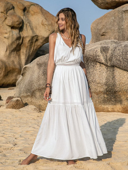 V-Neck Tie Shoulder Crochet Maxi Dress.