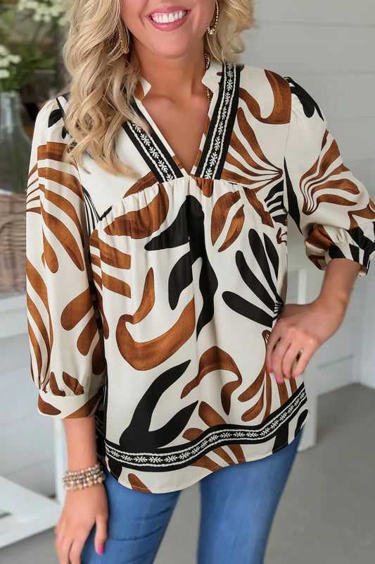 Brown Abstract Print Puff Sleeve Loose Blouse for Women Dear-Lover Dropshipping
