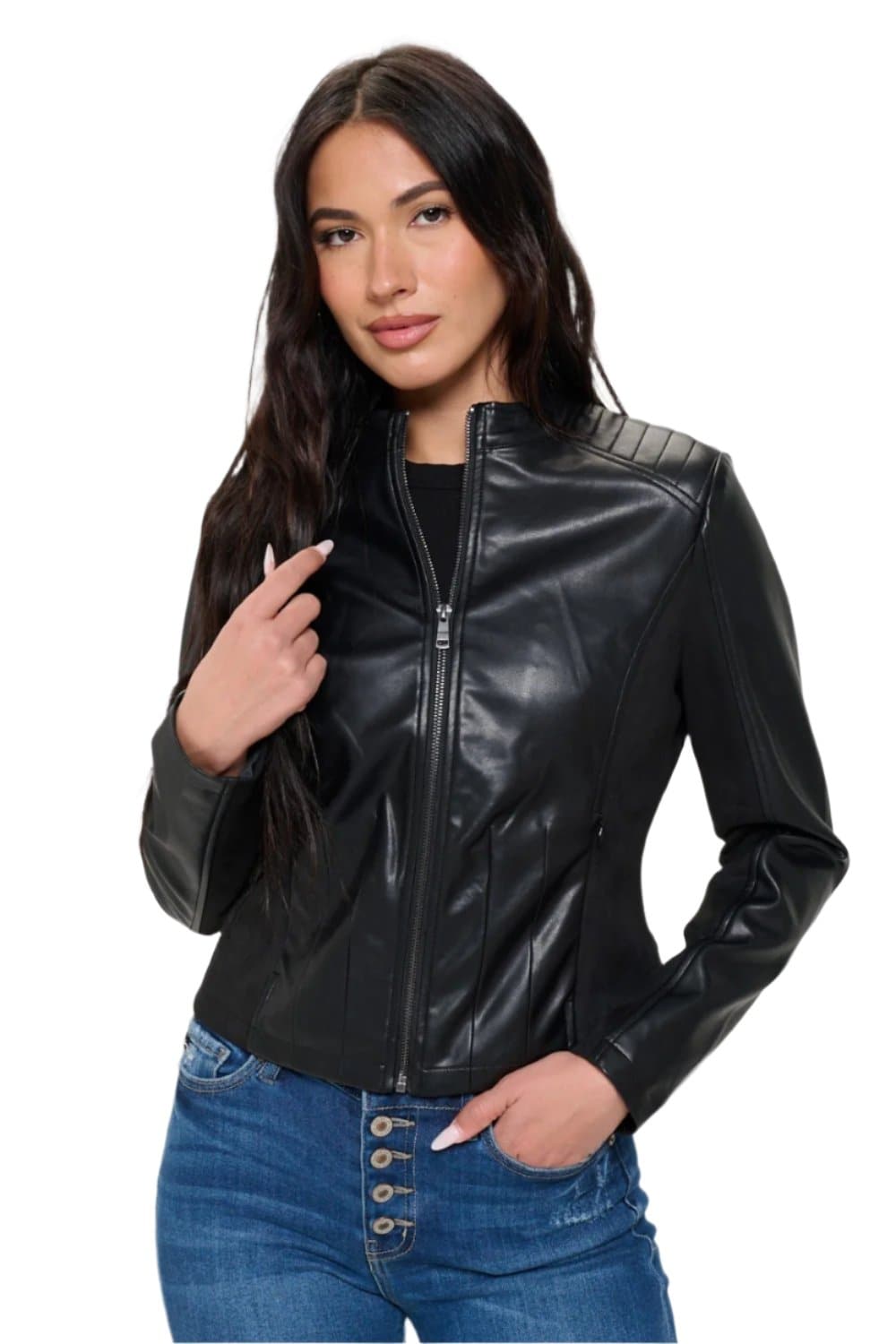 Chic vegan leather zip-up moto jacket