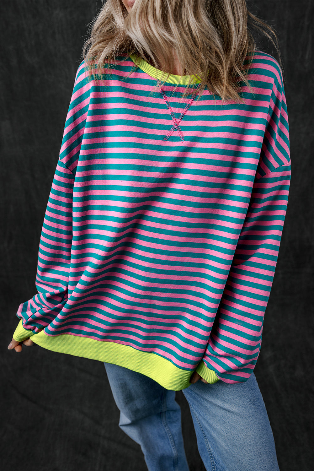 Trendy oversized green striped pullover