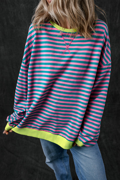 Trendy green striped oversized pullover with contrast detailing