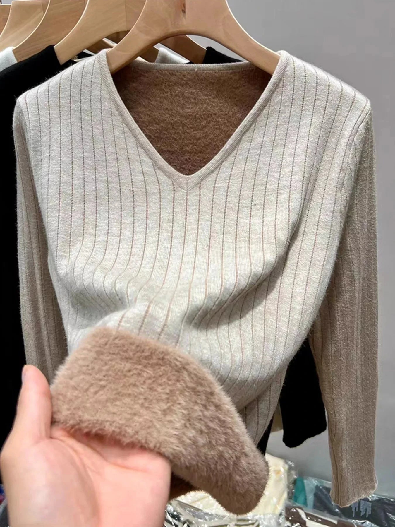 V-Neck Fleece Lined Ribbed Knit Top Simply Love