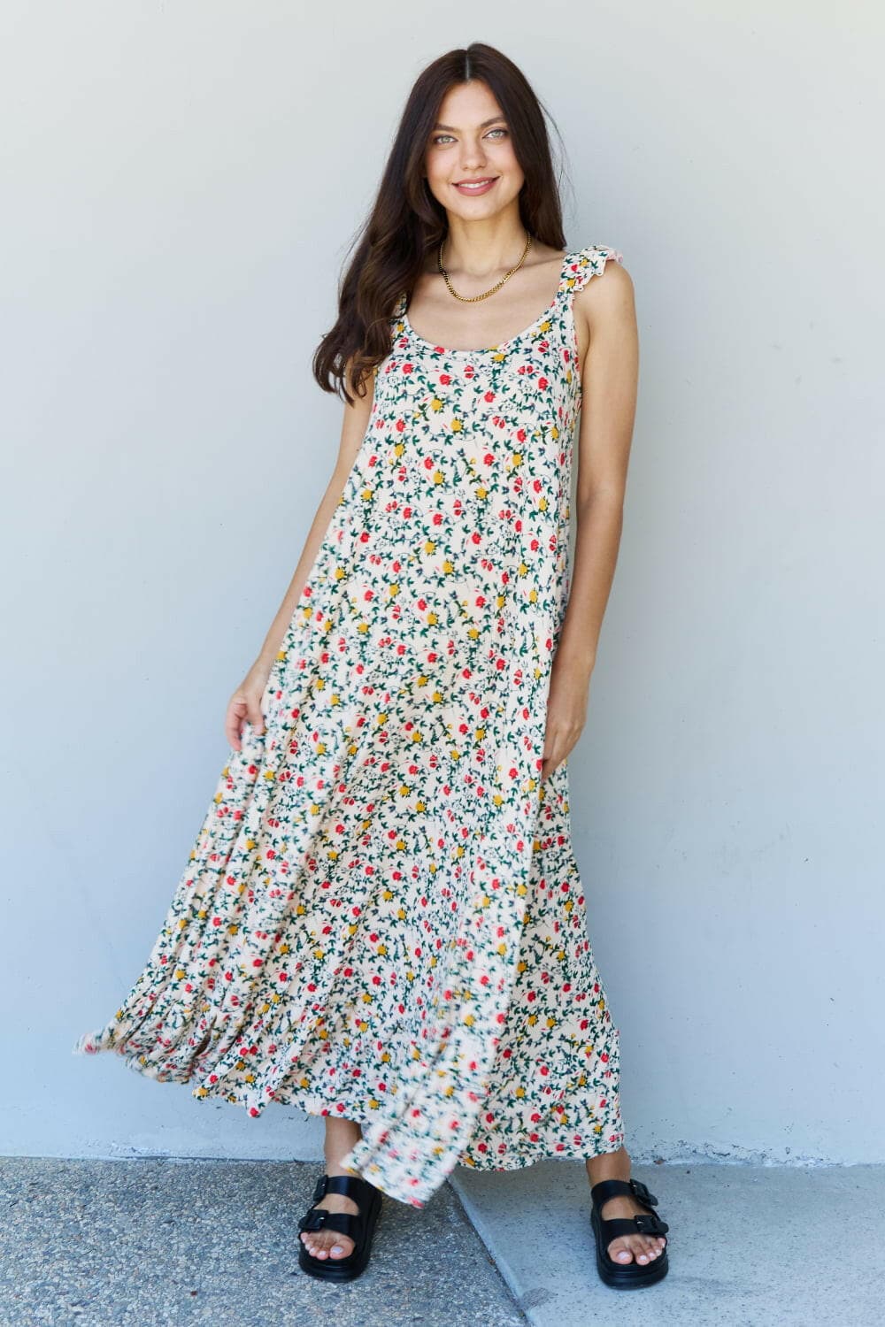 Doublju In The Garden Ruffle Floral Maxi Dress in Natural Rose.