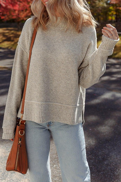 Gray Morn Waffle Knit Ribbed High Neck Drop Shoulder Sweater