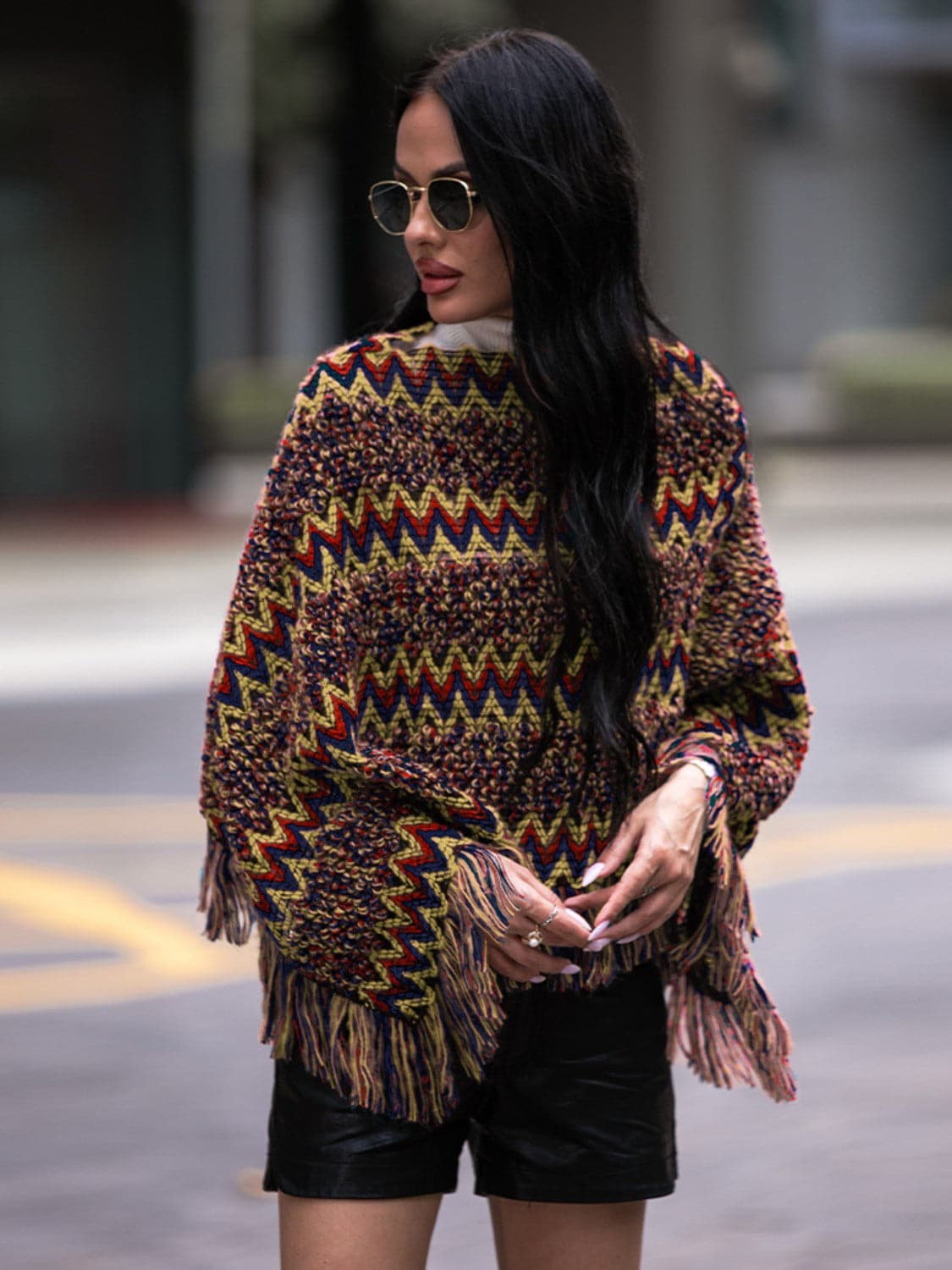 Fringe Hem Boat Neck Poncho.