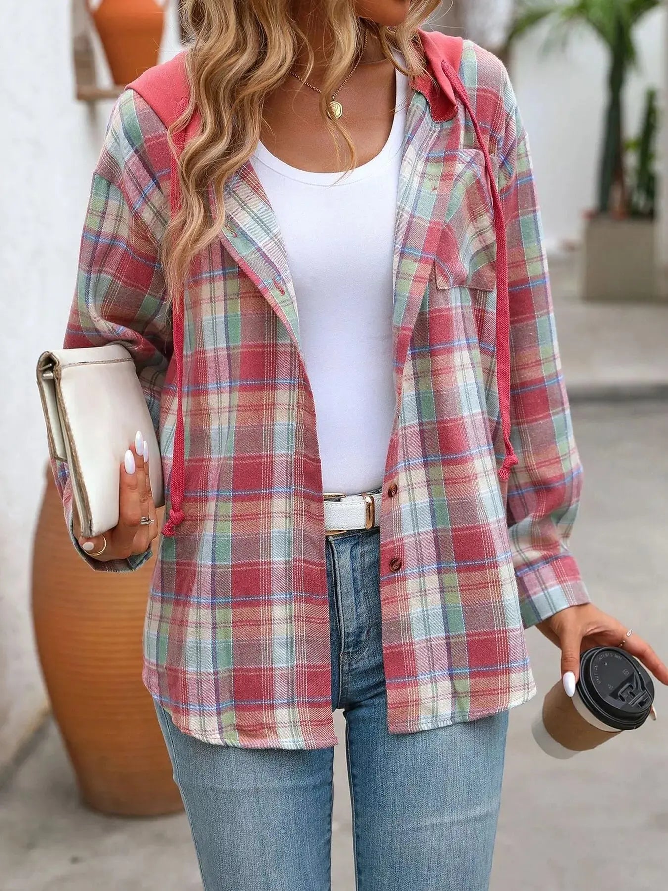 Hooded Plaid Button-Up Shirt Simply Love
