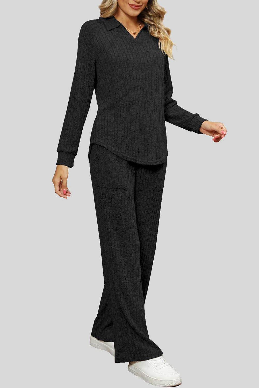 Ribbed Long Sleeve Top and Pocketed Pants Set.