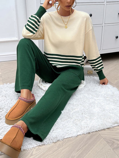 Chic striped sweater set with slit detail and round neck