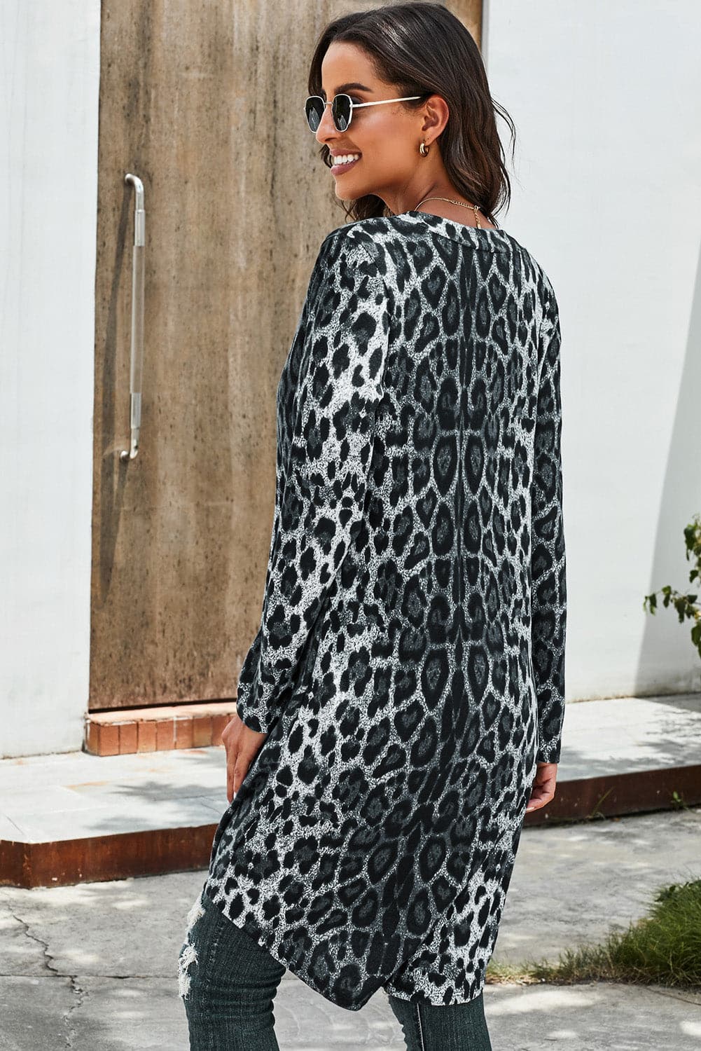 Double Take Printed Open Front Longline Cardigan.