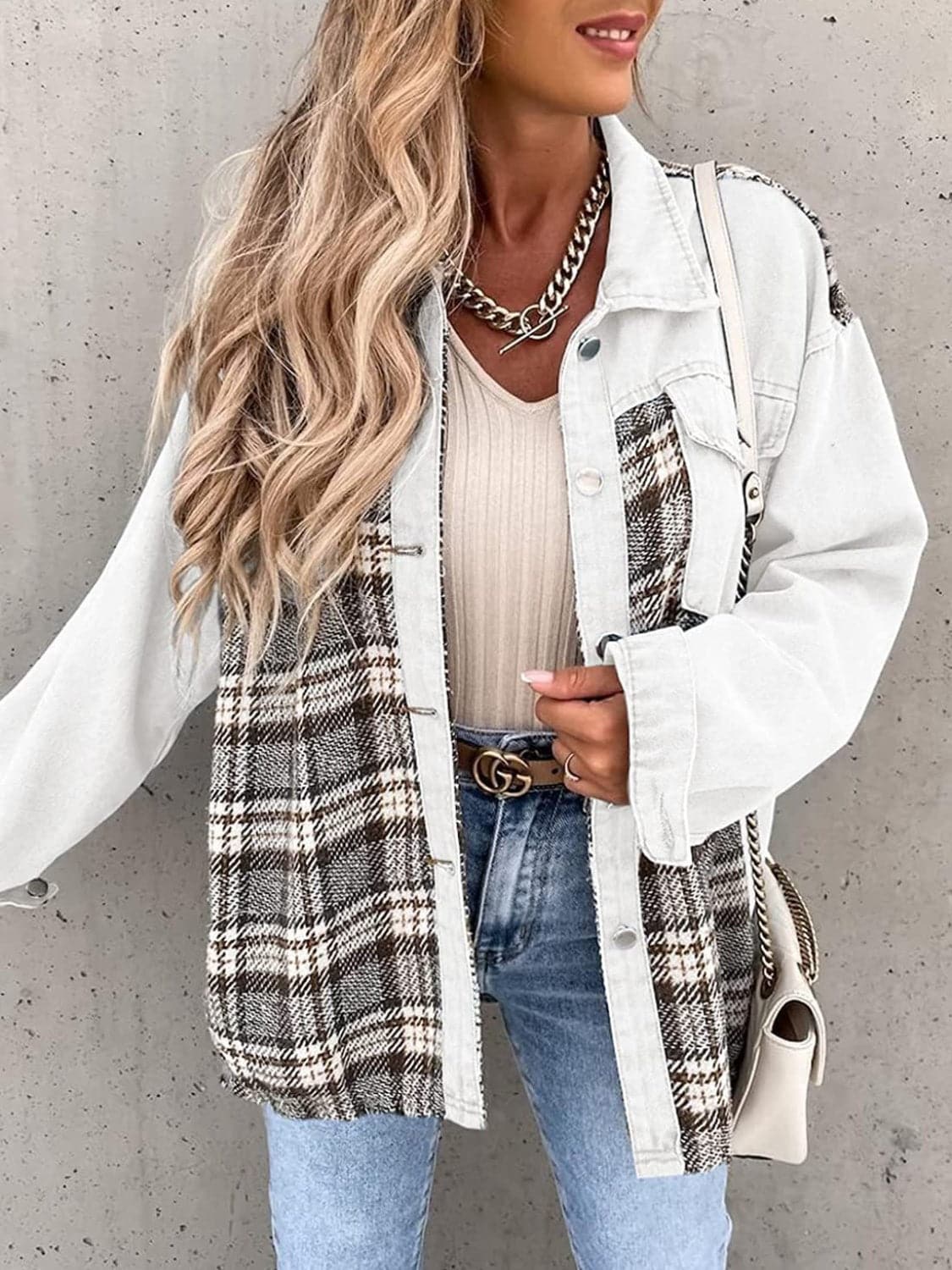 Plaid Button Up Dropped Shoulder Jacket.