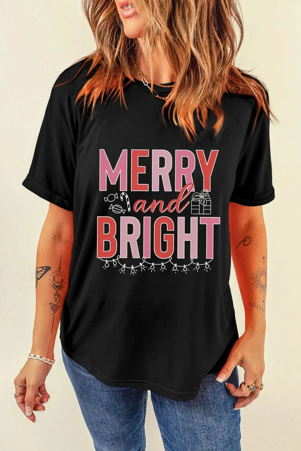 MERRY AND BRIGHT Round Neck Short Sleeve T-Shirt