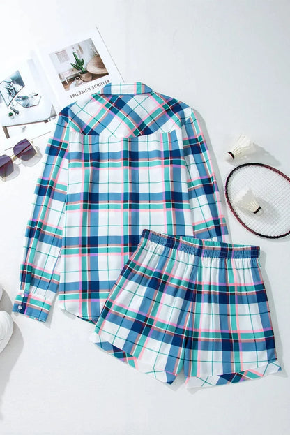 Plaid Print Button-Up Long Sleeve Top with Matching Shorts Set