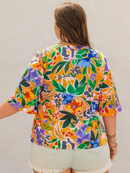 Plus Size Printed Tie Neck Half Sleeve Blouse.