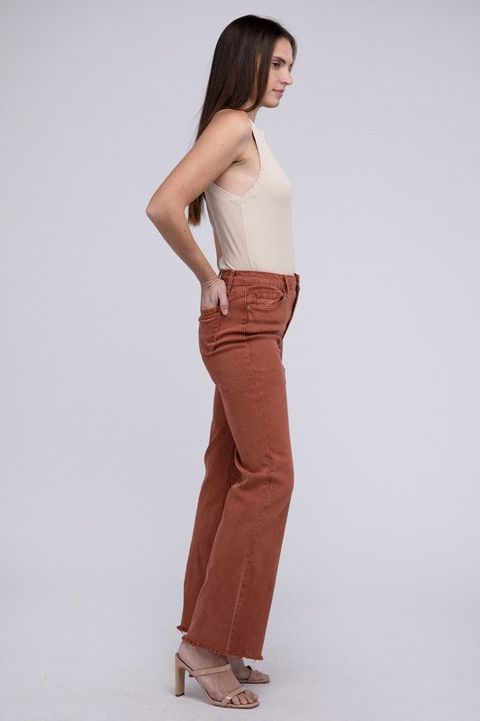 Trendy acid wash frayed hem wide-leg pants