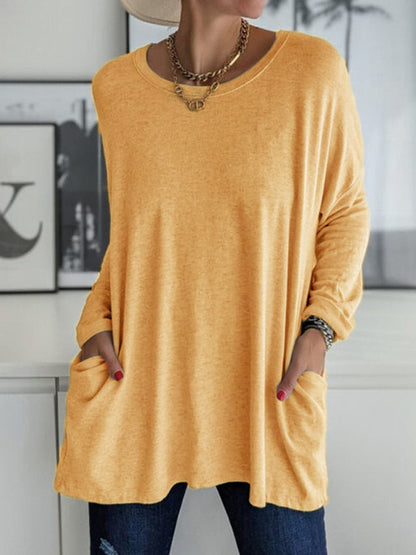 Chic and comfy round neck long sleeve tee with pockets