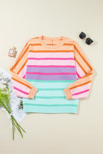 Contrast Striped Round Neck Long Sleeve Knit Top.