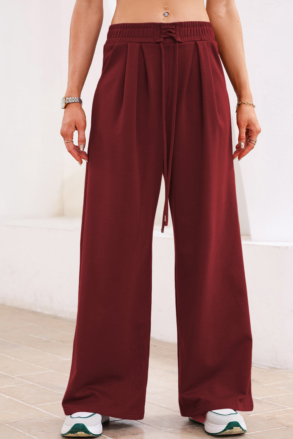 Burgundy Tied Elastic High Waist Pleated Detail Sweatpants For Women Dear-Lover Dropshipping