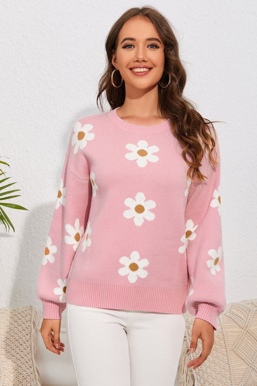 Flower Round Neck Dropped Shoulder Sweater.