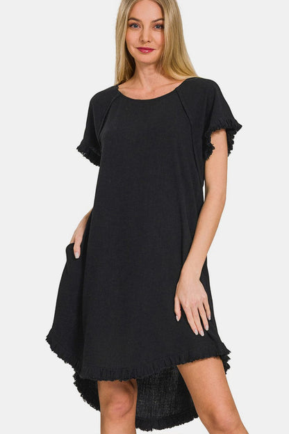 Zenana Fringe Edge High Low Flowy Dress with Pockets.