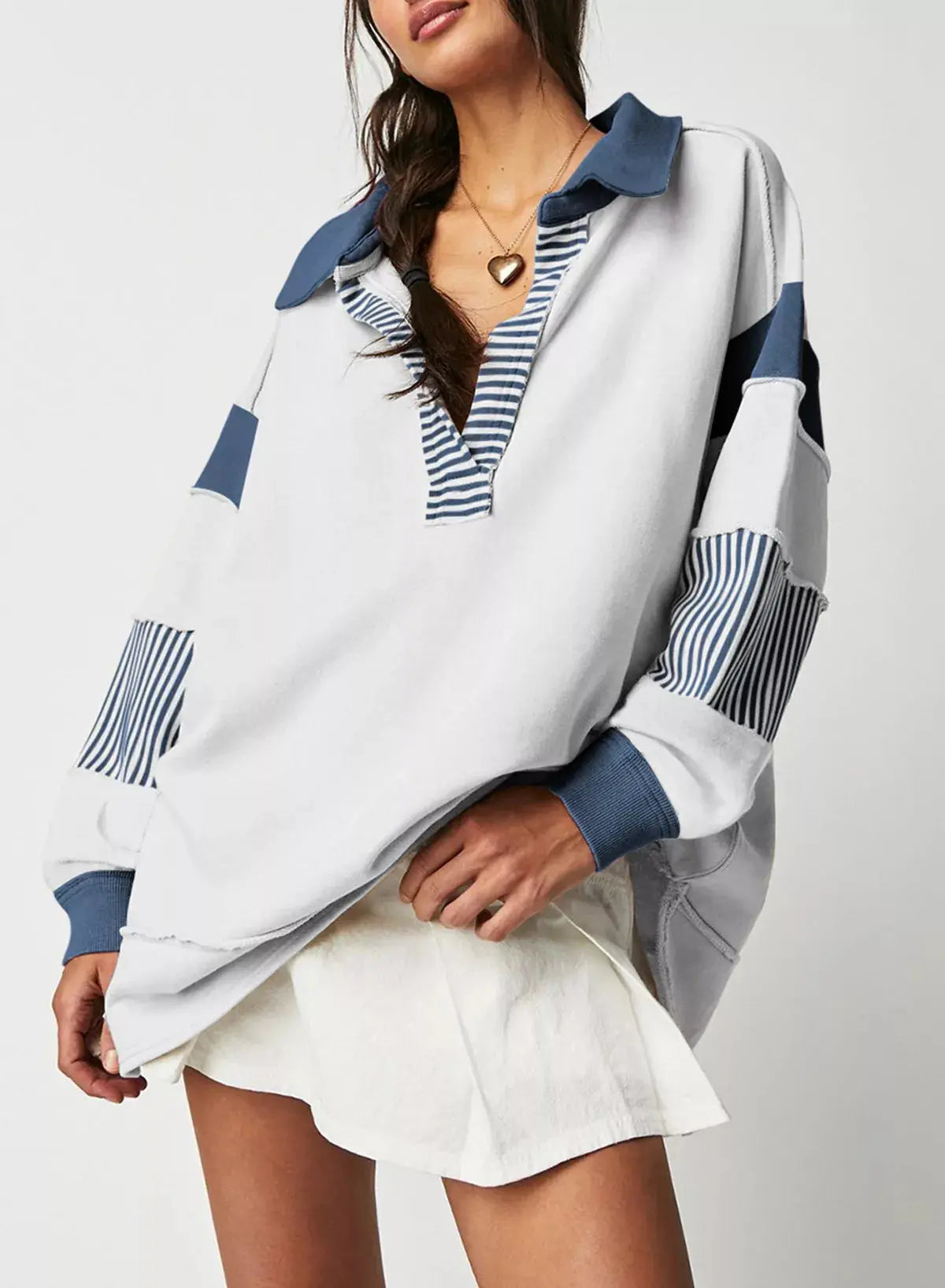 Color Block Striped Johnny Collar Sweatshirt Simply Love