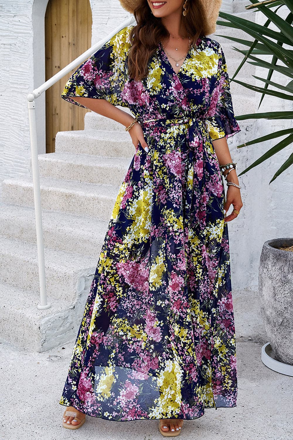 Printed Tied Half Sleeve Slit Dress.