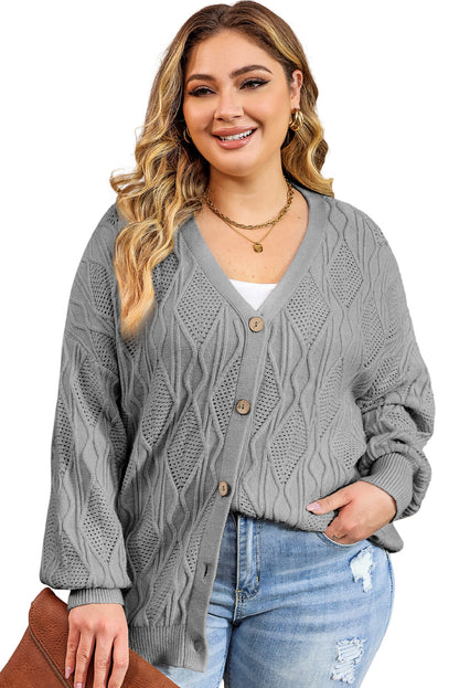 Chic gray plus size knitted cardigan with hollow-out details and button front