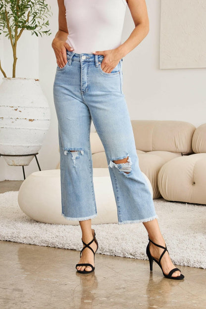 RFM Full Size Tummy Control High Waist Raw Hem Distressed Jeans.