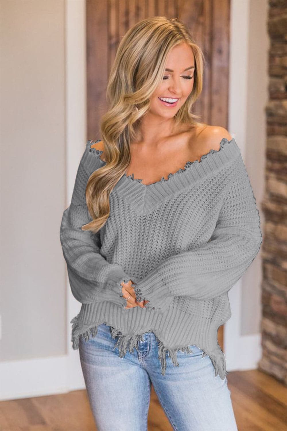 Frayed Hem Dropped Shoulder Sweater.