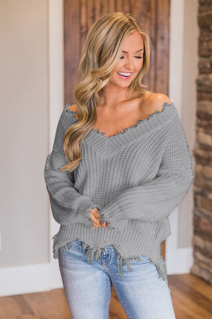 Frayed Hem Dropped Shoulder Sweater.