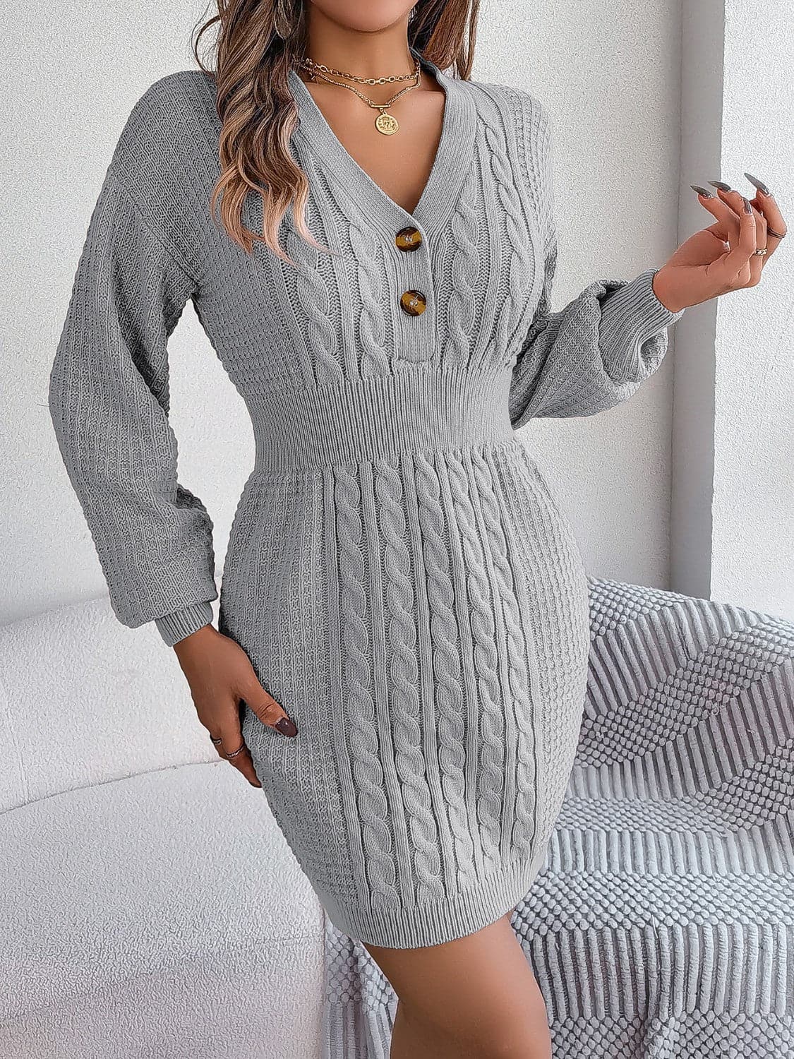 Buttoned Cable-Knit V-Neck Sweater Dress.