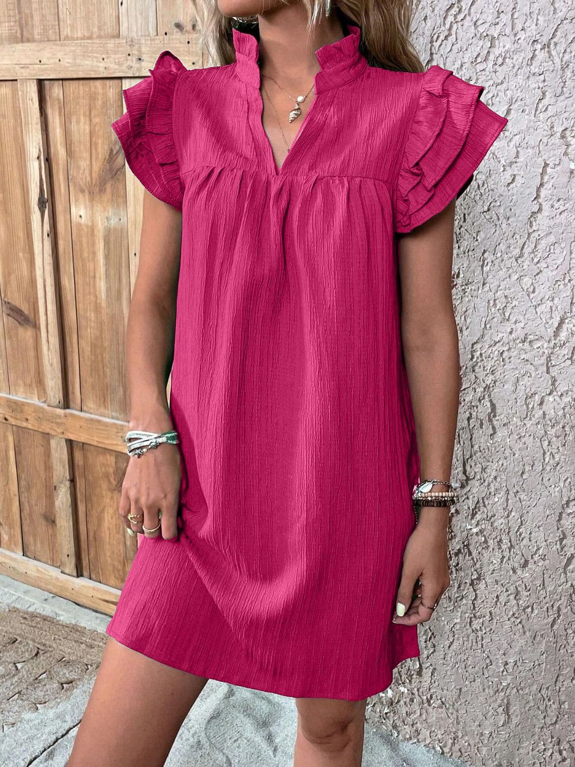 Ruffled Notched Cap Sleeve Mini Dress.