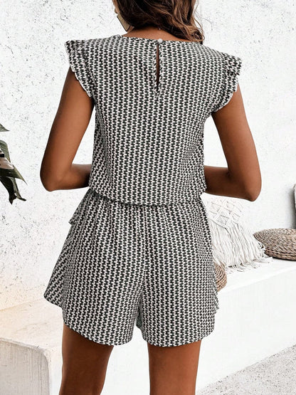 Printed Round Neck Top and Layered Shorts Set.