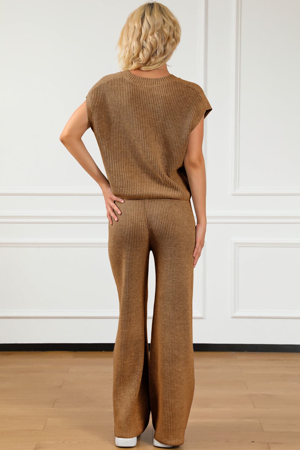 Pocketed V-Neck Top and Wide Leg Sweater Set.