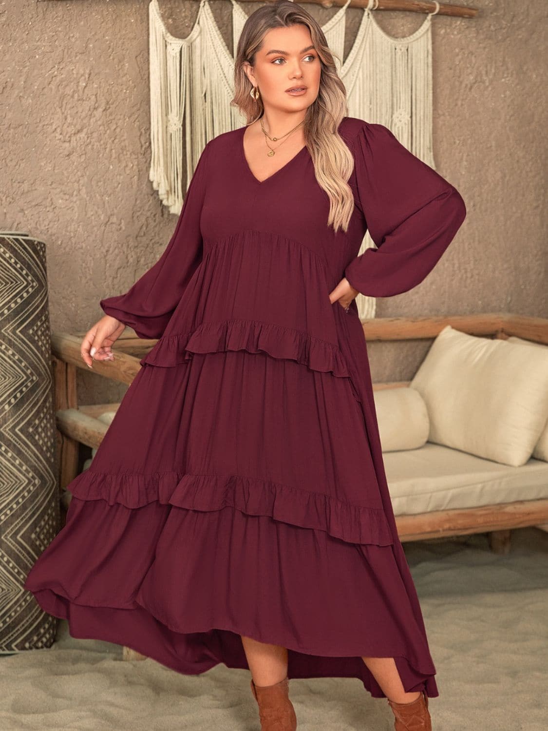 Plus Size Ruffled V-Neck Long Sleeve Dress.