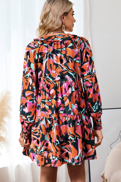 Printed Tie Neck Lantern Sleeve Mini Dress.