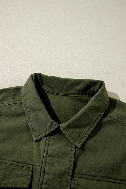 Chic moss green collared jacket with snap button and zipper details