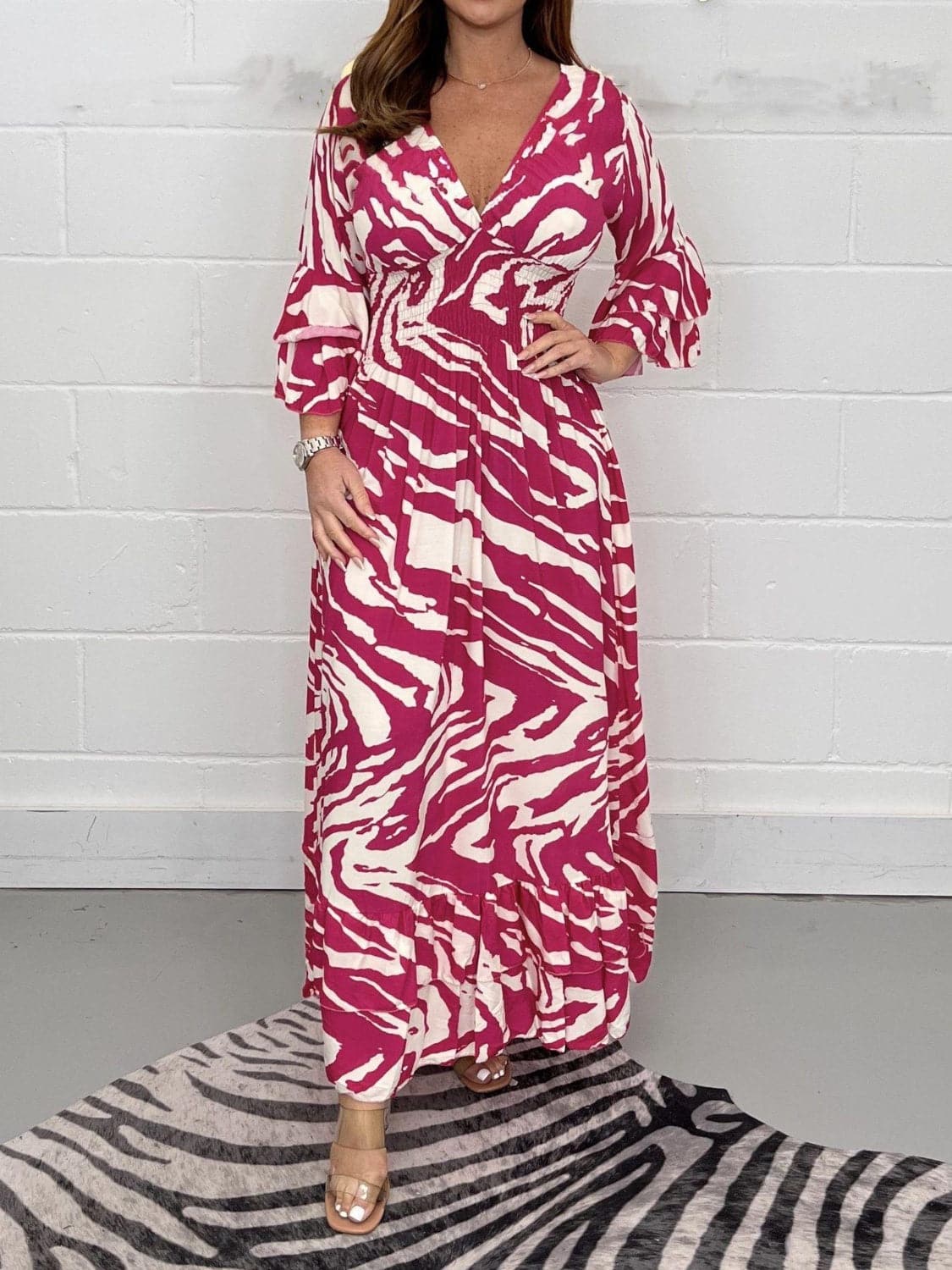 Smocked Printed Flounce Sleeve Maxi Dress.