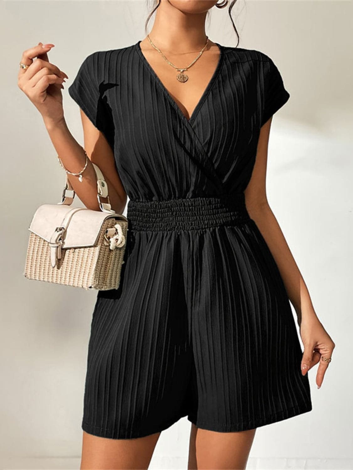 Tied Surplice Short Sleeve Romper.