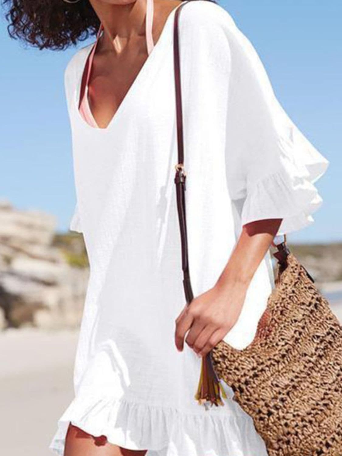 Ruffled V-Neck Half Sleeve Cover Up.