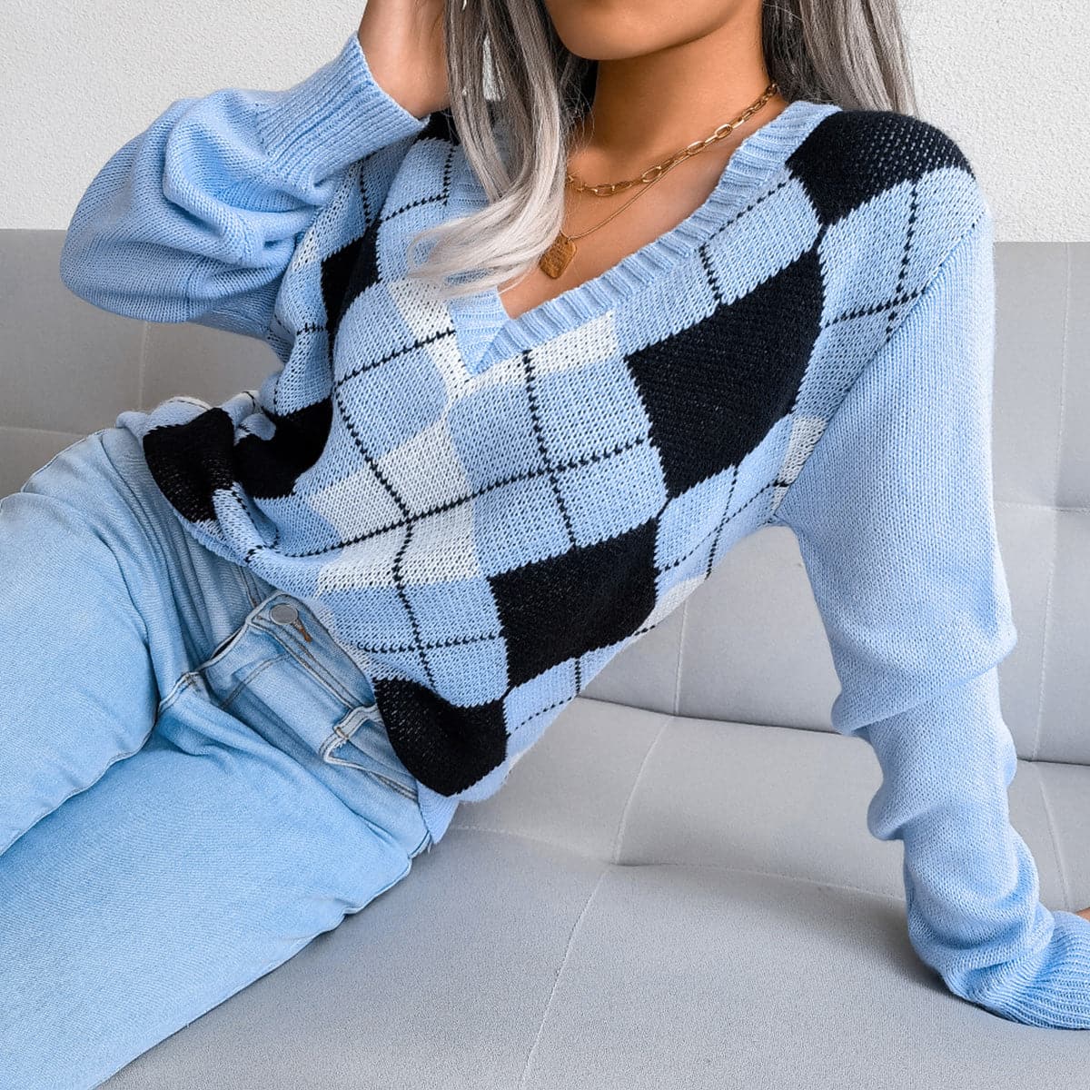 Geometric V-Neck Sweater.