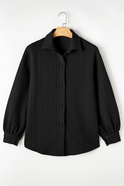 Premium Black Cable Texture Puff Sleeve Shacket Loose Fit Outerwear
